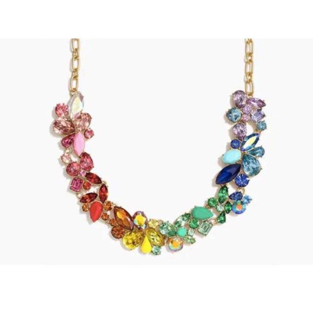 J.Crew Signed Rainbow Ombre Crystal Statement Necklace Gold Tone  B431